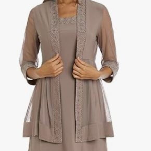 R&M Richards Embellished Dress & 3/4-Sleeve Jacket Taupe Size 12 - Picture 1 of 12